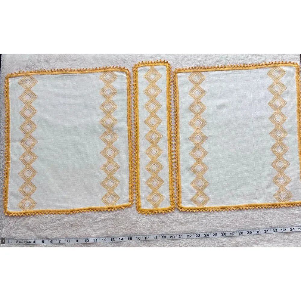 Set of Hand-Embroidered Vintage 1970s Table Linens Goldenrod Yellow White Orange